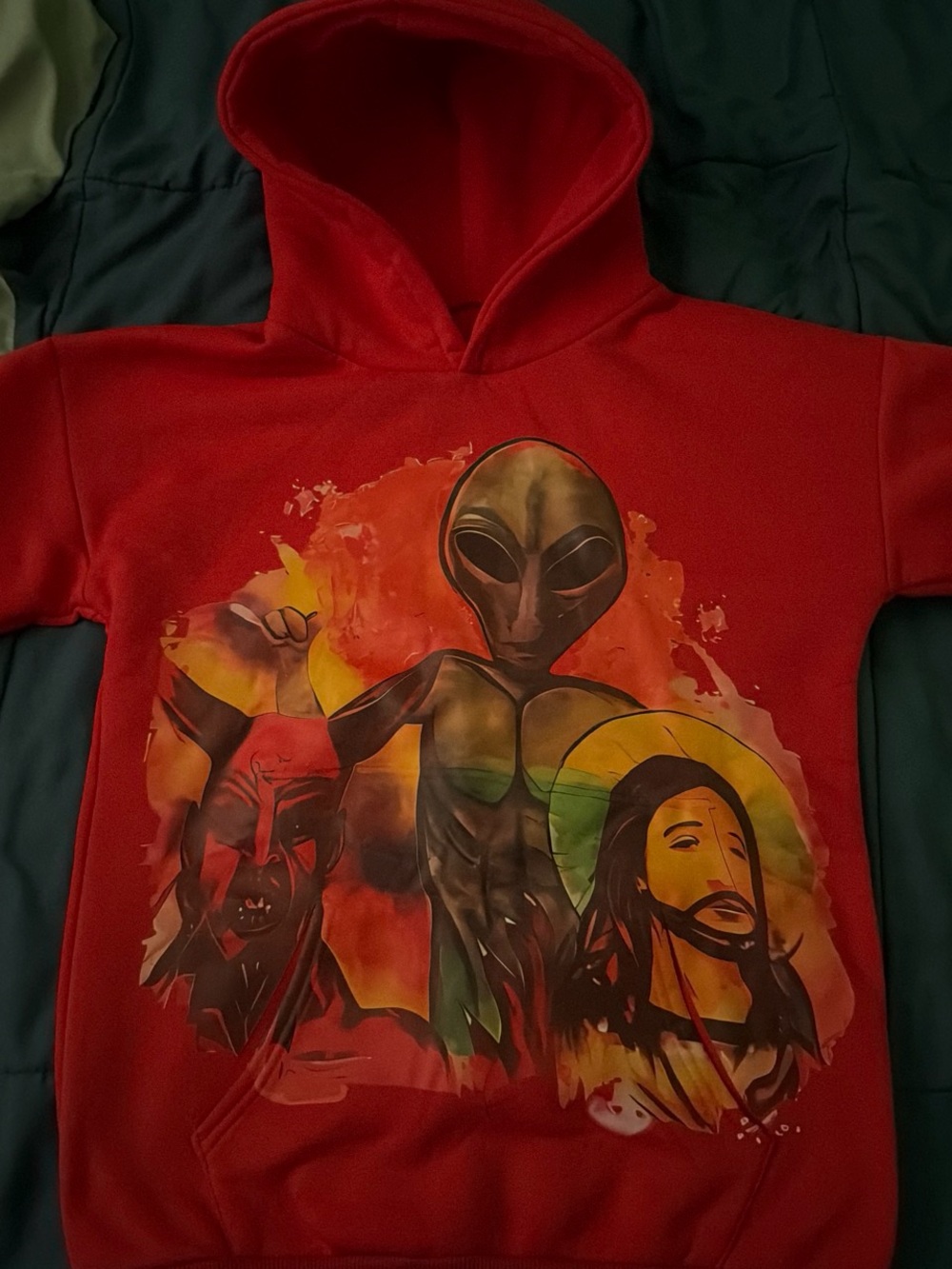 Red Graphic Hoodie with Alien and Jesus
